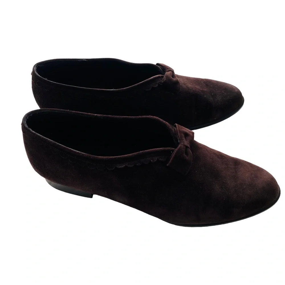 Stuart Weitzman Vintage Chocolate Suede Leather Flat‎ Bow Loafers